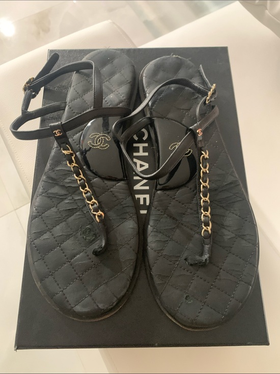 CHANEL | Shoes | Chanel Black Quilted Leather Tstrap Sandals With